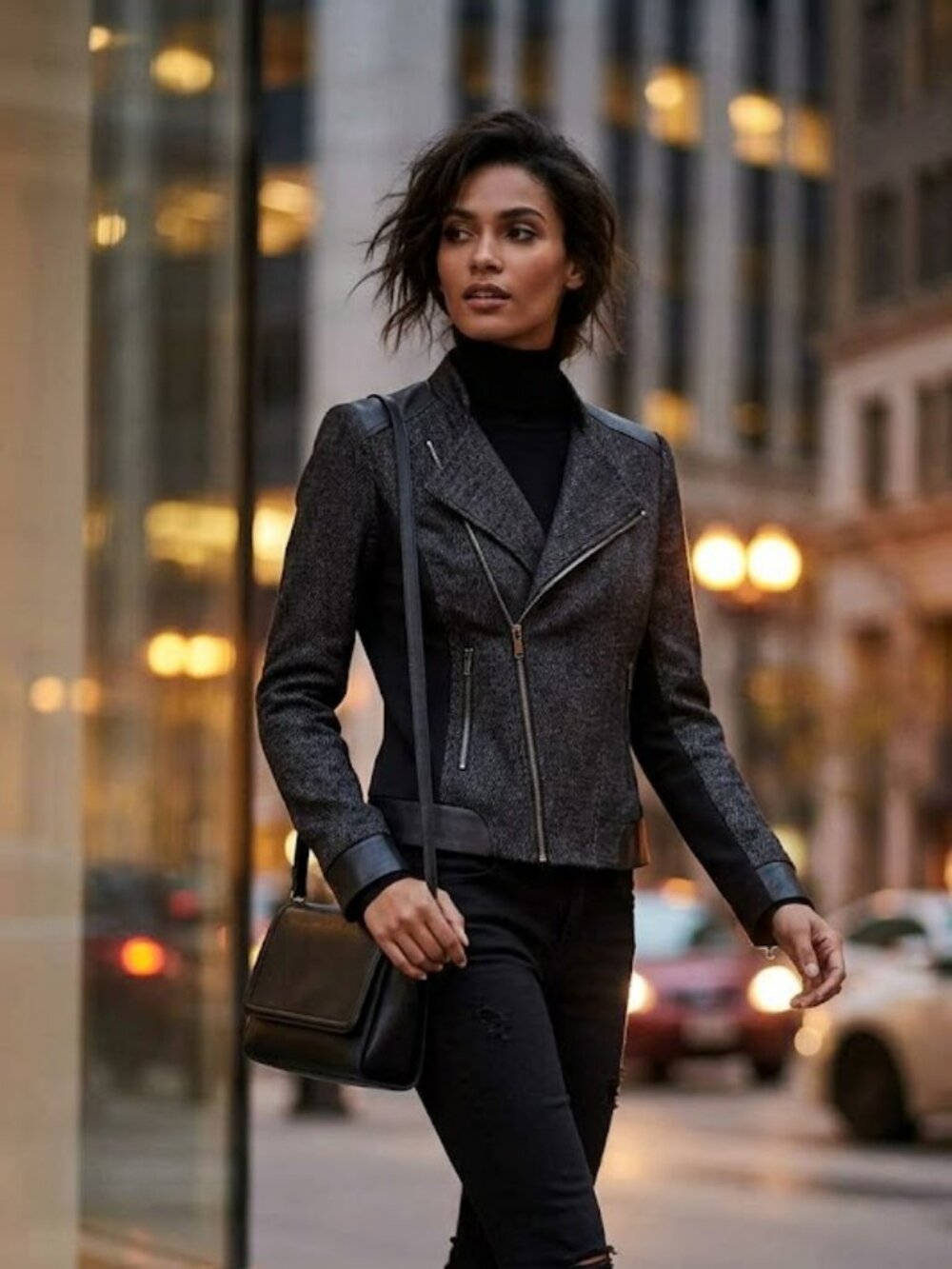 ELIE TAHARI Metallic Charcoal Asymmetric Zip Biker Moto Jacket Leather Trim NWOT